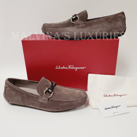 SALVATORE FERRAGAMO SHOES FRONT DRIVING LOAFERS SUEDE BRAIDED GANCINI - Picture 3 of 16
